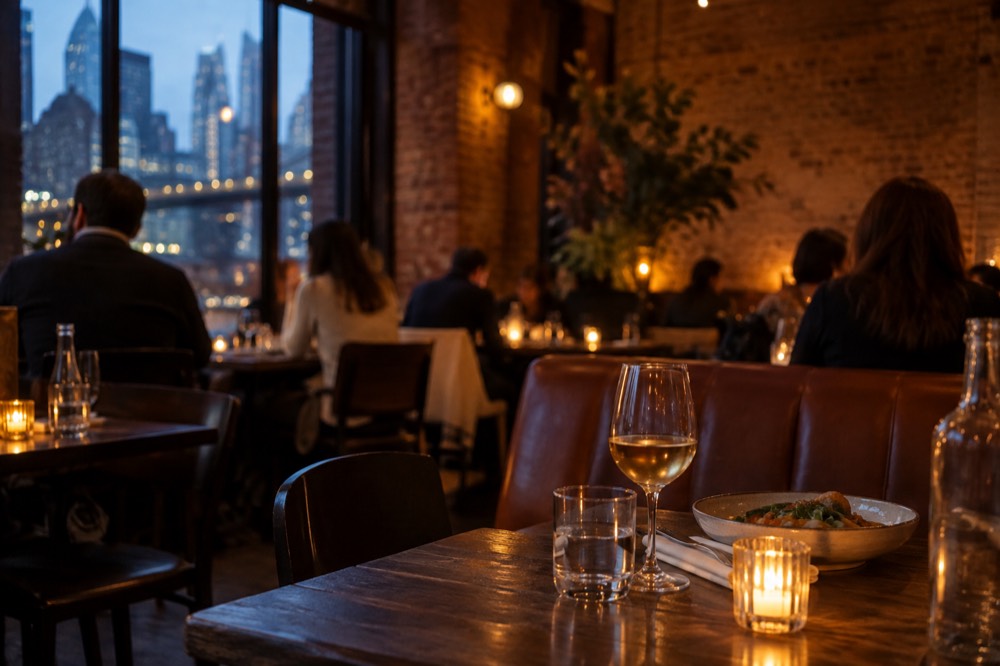 A restaurant dining room with brick walls, banquettes and warm lighting
