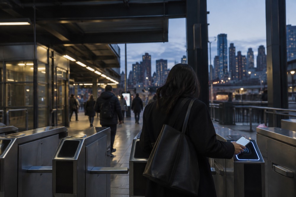 A turnstile in a subway station with a rider tapping a phone on the reader
