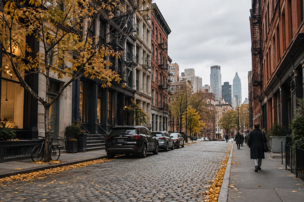 A cobblestone street in autumn with golden leaves along the curb