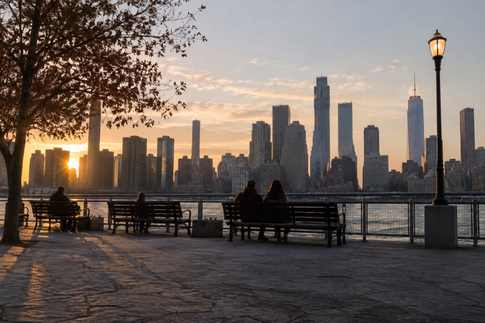 A riverside promenade at dusk with benches facing the water and a city skyline beyond