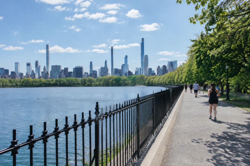 A wide walking path beside the Central Park Reservoir with the skyline behind