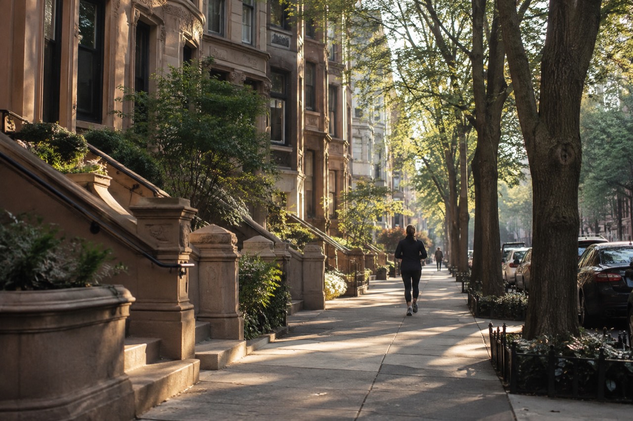 Brownstone apartment buildings on a quiet Upper East Side street with trees along the sidewalk