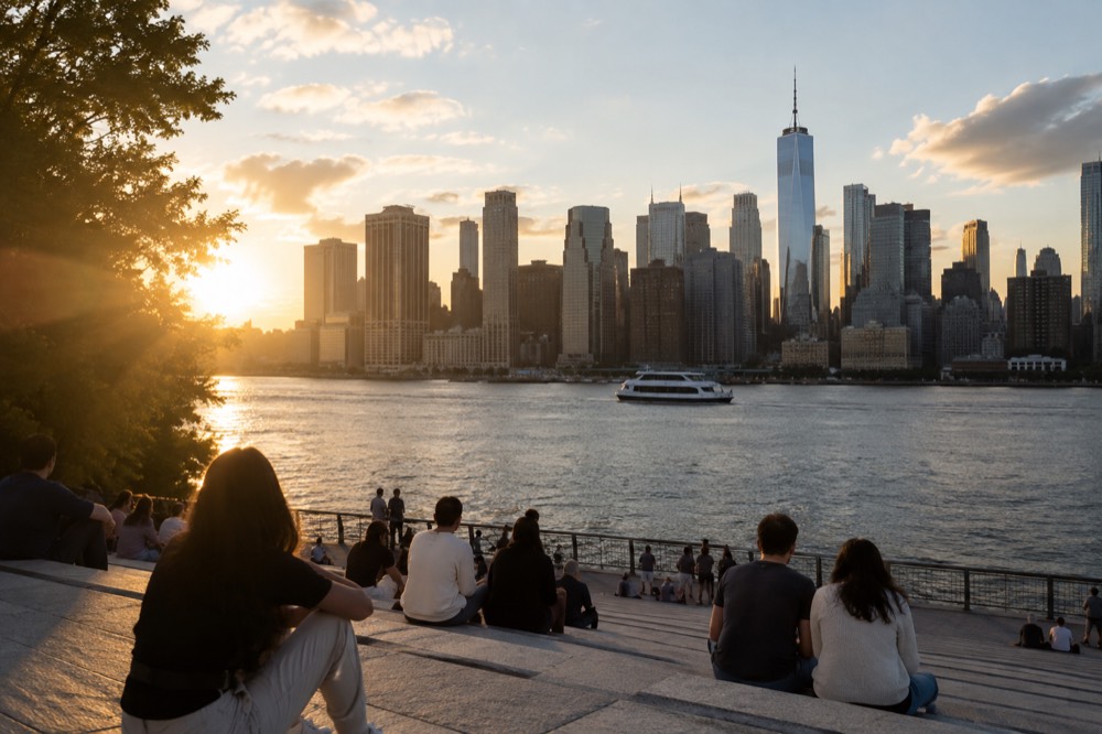 Waterfront park with visitors sitting on steps facing the Manhattan skyline across a river
