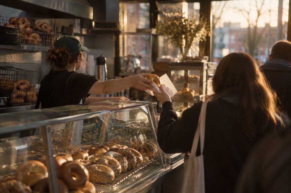 Counter clerk handing a bagel across a deli counter in the morning