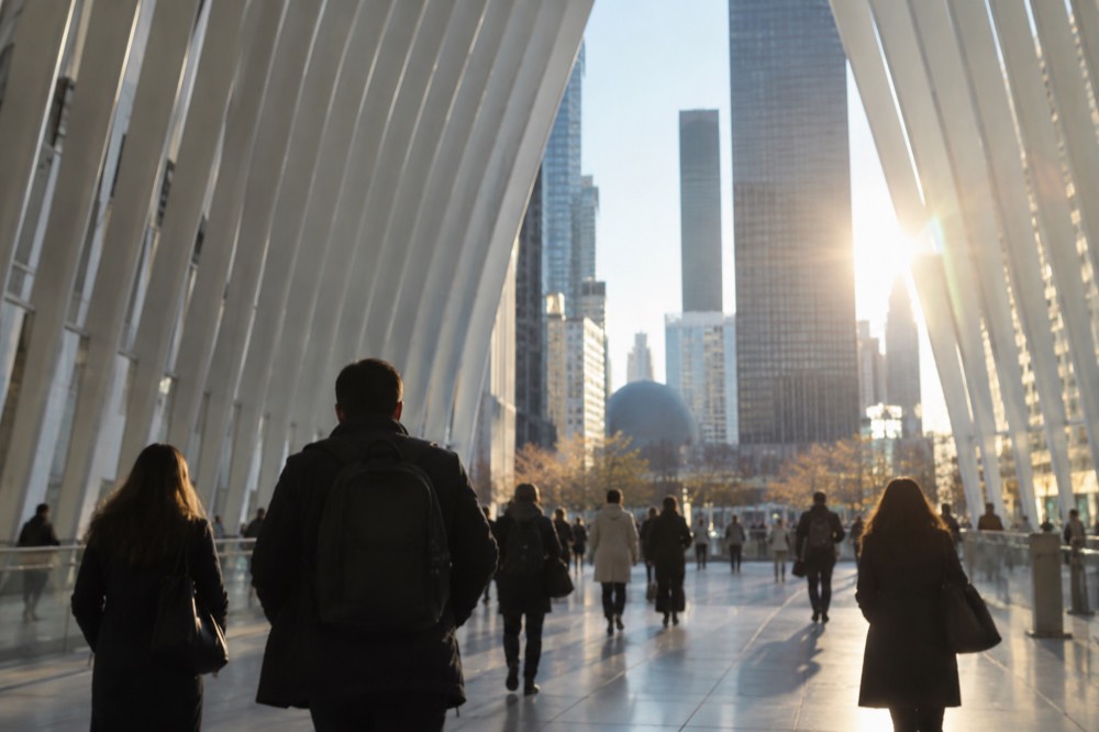 The white ribbed steel structure of the Oculus transit hall beside the World Trade Center site