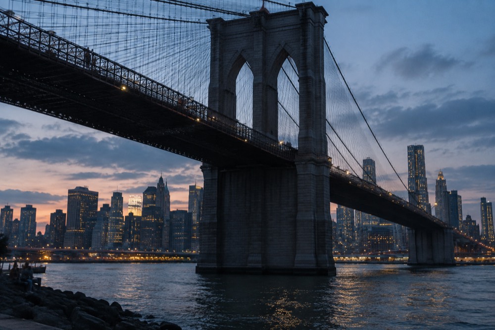 The Brooklyn Bridge walkway seen from below, with stone towers and steel cables rising against the sky