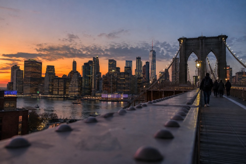The Brooklyn Bridge at sunset, with the East River and lower Manhattan towers catching warm light