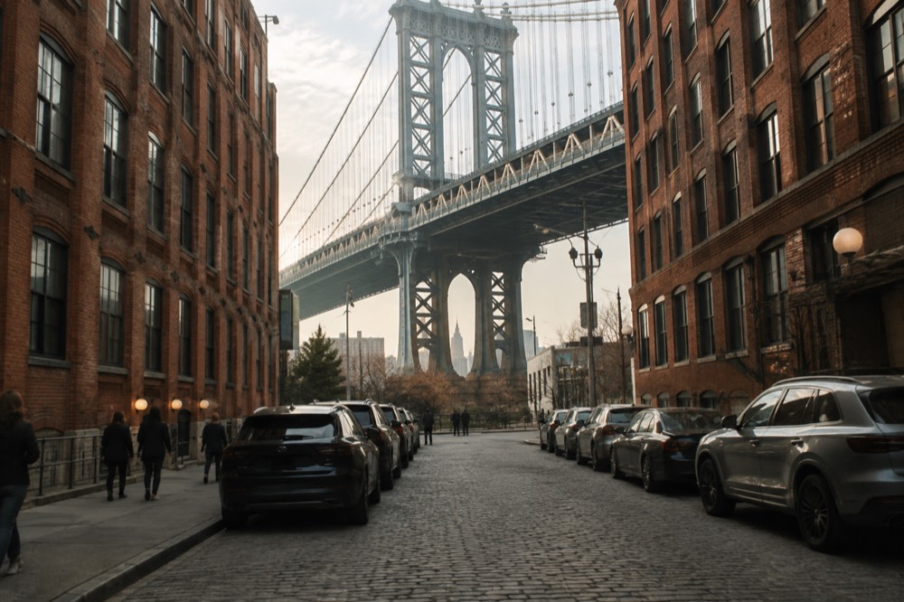 Washington Street in Dumbo, with the Manhattan Bridge spanning the cobblestone street above the storefronts