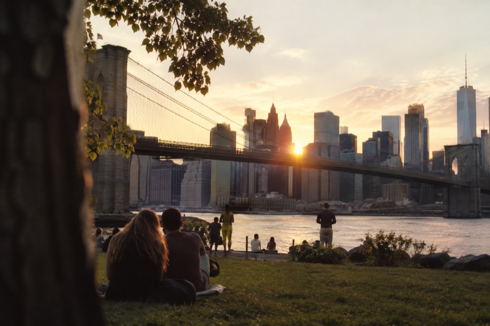 Brooklyn Bridge Park lawns at the water's edge, with the bridge rising above the piers