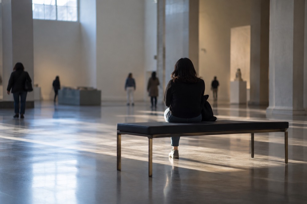 A wide gallery inside the Brooklyn Museum with sculptures displayed under tall ceilings