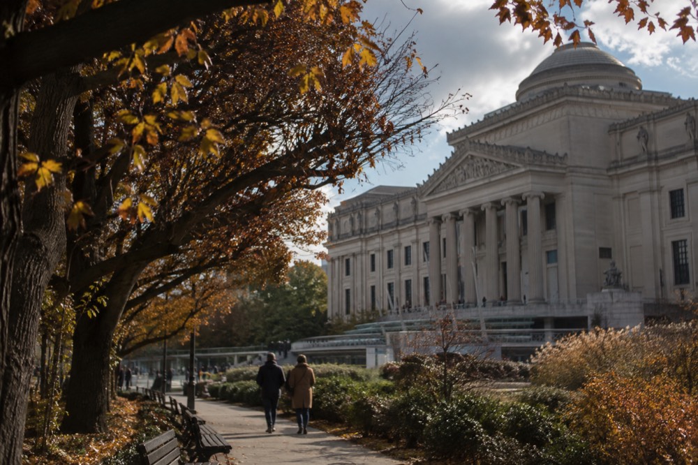 Autumn leaves along a Brooklyn parkway with a grand museum building in the background