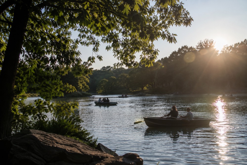 People rowing boats on the Central Park lake in summer