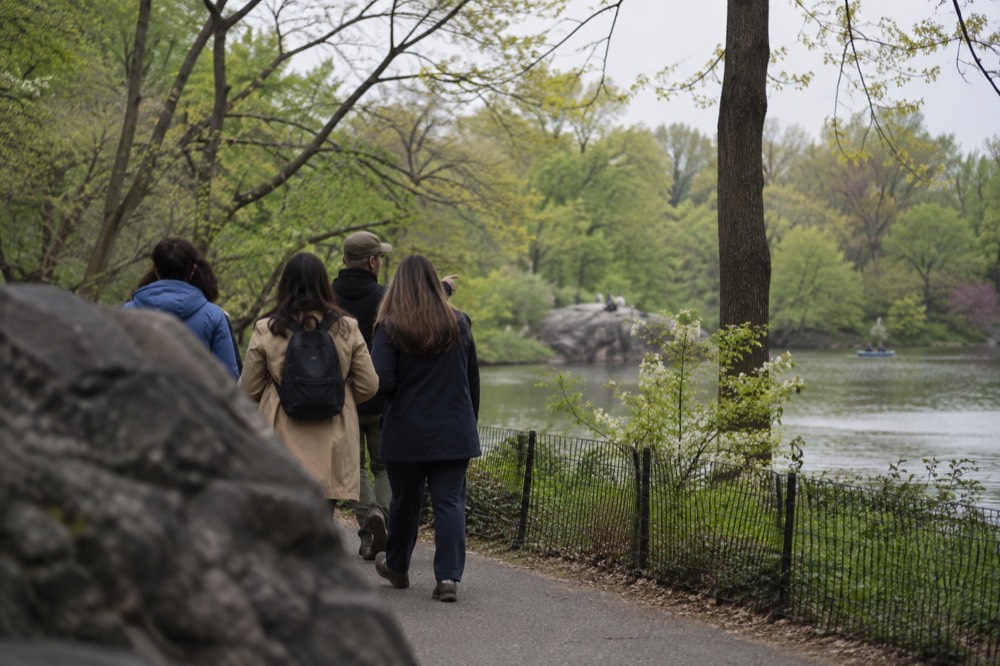 A guide leading a small group along a path near the Lake in Central Park