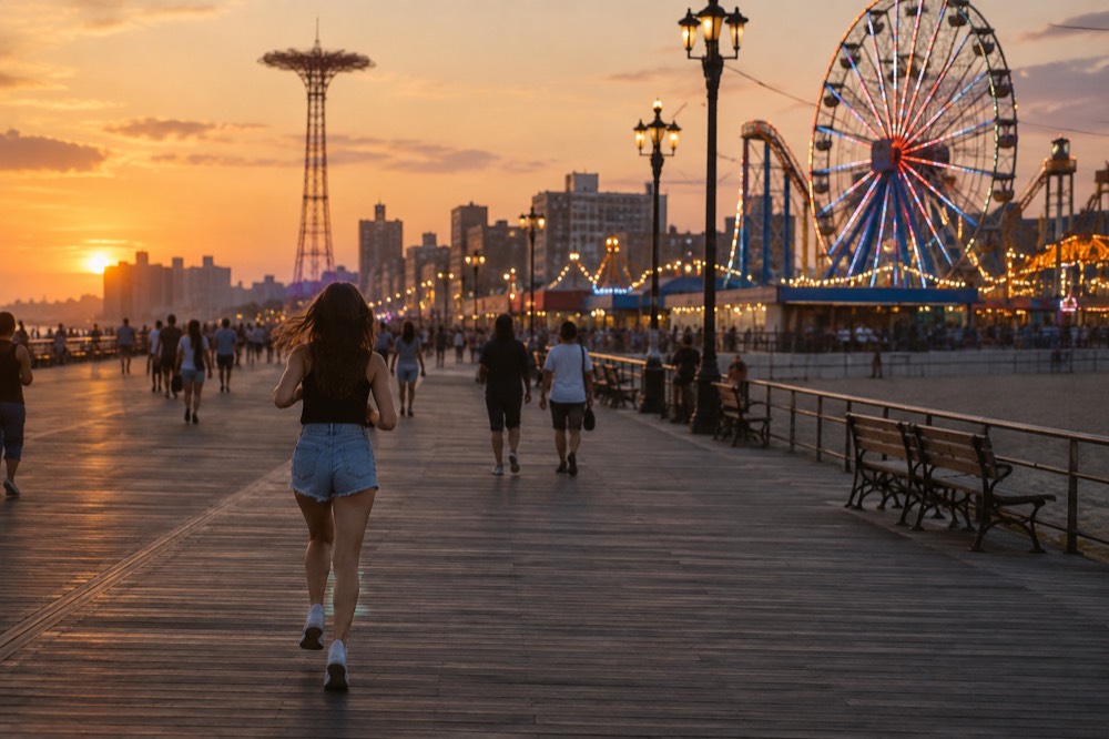 A Ferris wheel and ride lights glowing above the boardwalk at dusk
