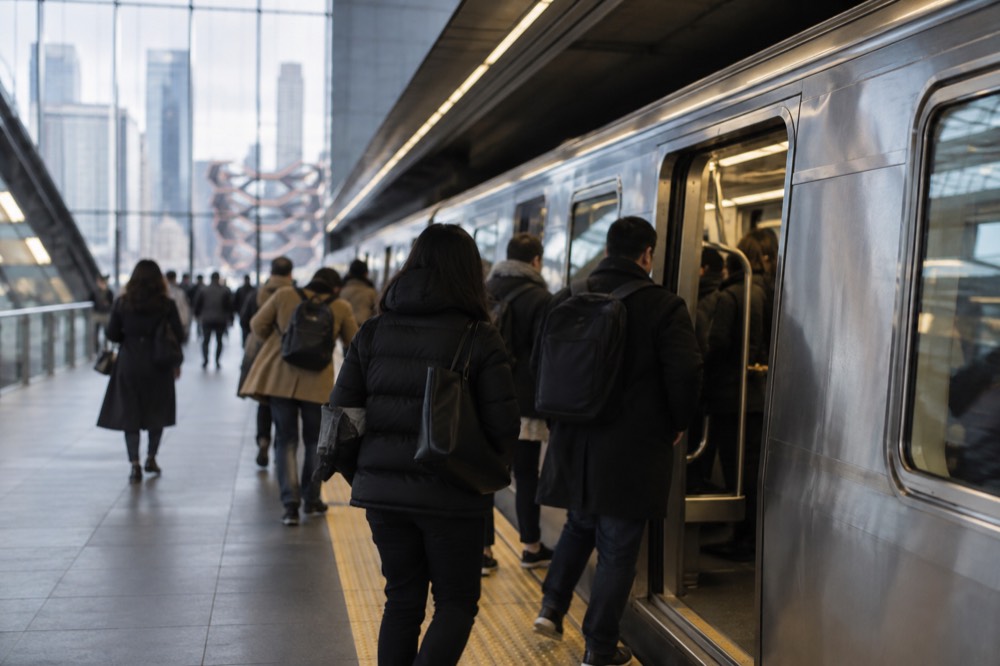 A modern subway station platform with a train arriving and people boarding