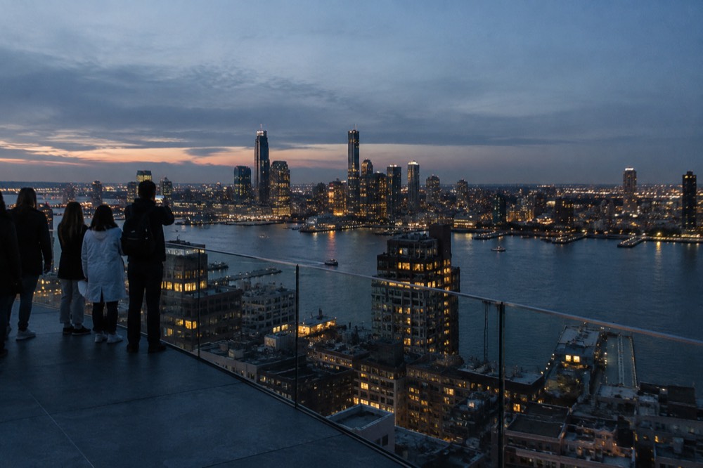 A city skyline seen from above with a river crossing the frame and towers catching evening light
