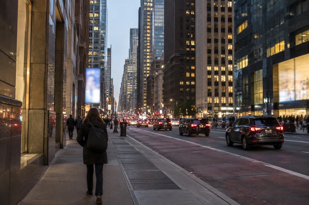 The Midtown street grid seen from above at dusk, towers glowing and traffic moving along the avenues
