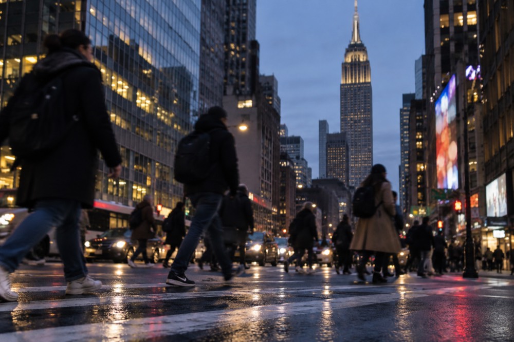 Pedestrians crossing a busy Midtown intersection with the Empire State Building towering over the avenue