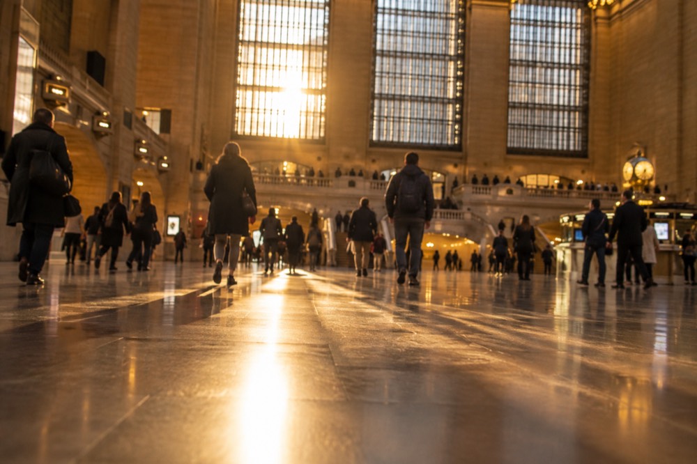 Sunlight falling across the main concourse floor of Grand Central Terminal