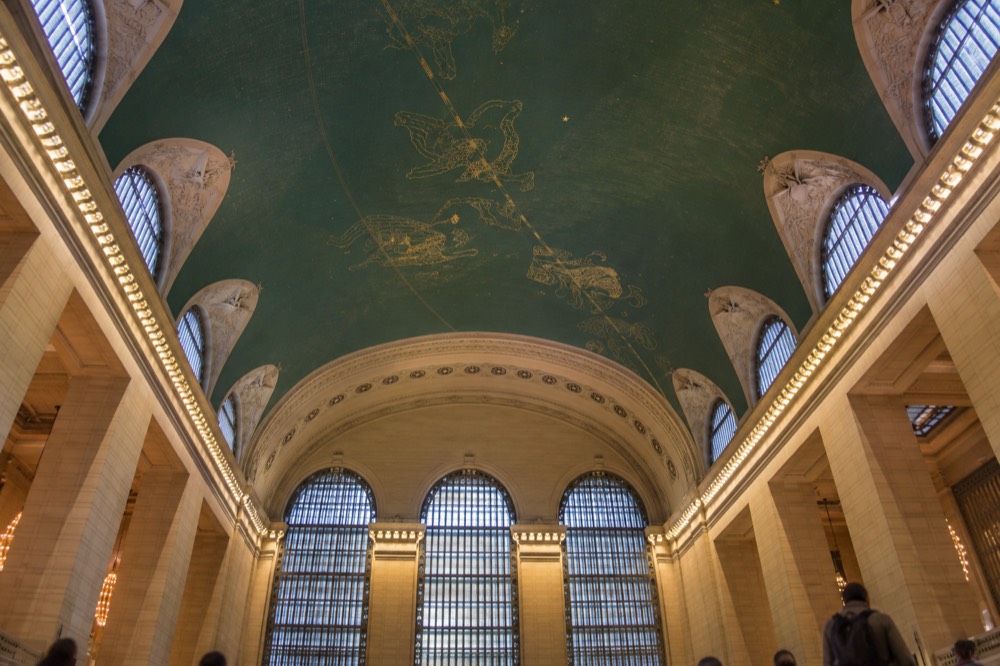 The celestial ceiling of the main concourse with its gold painted constellations