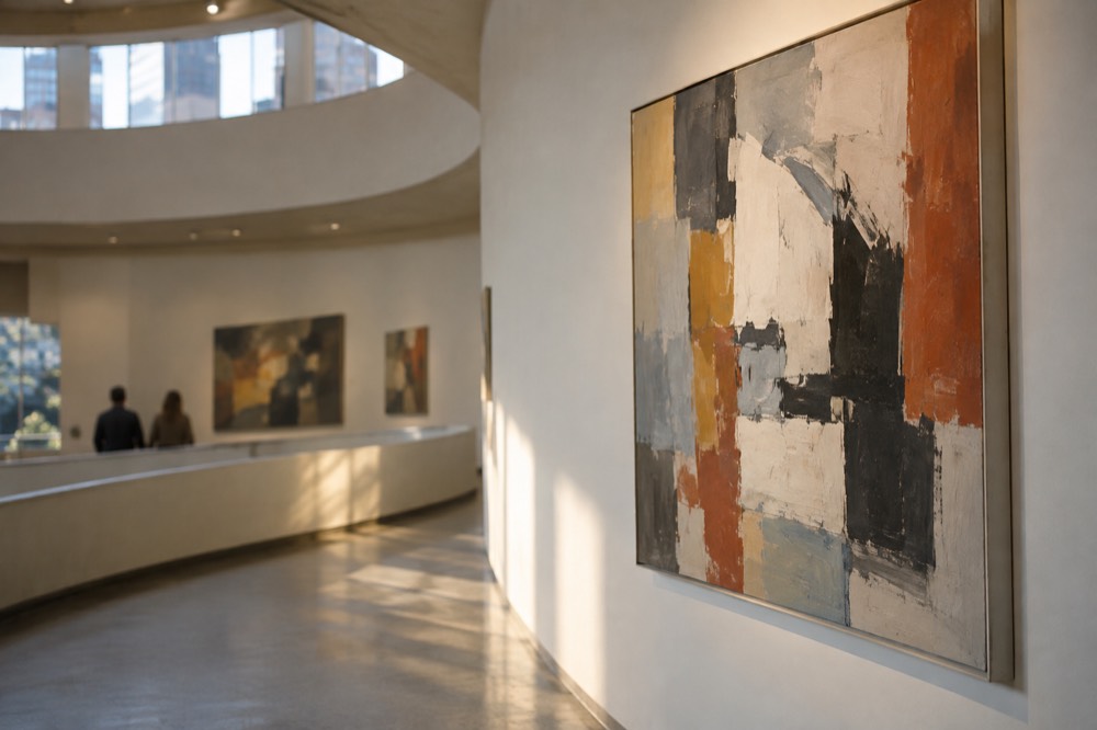 An abstract painting hanging on the curved white wall of the Guggenheim ramp gallery