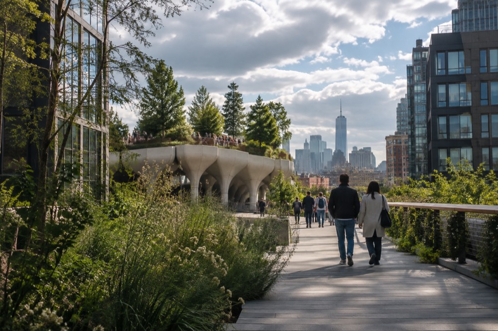 An elevated walkway garden on a former rail viaduct with buildings on both sides