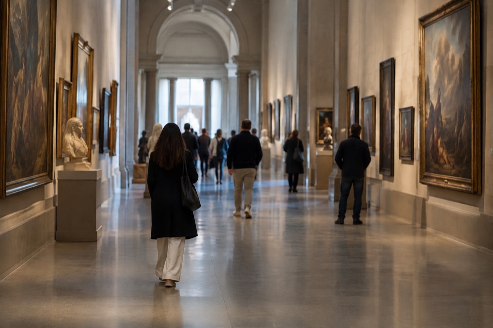 A gallery hall in the Metropolitan Museum of Art with paintings along both walls