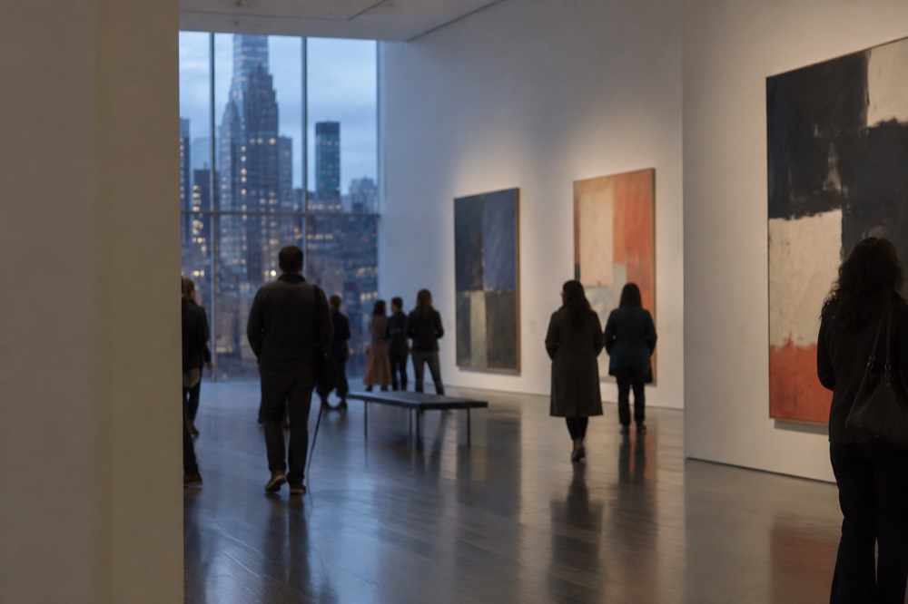 Visitors walking through a bright modern art gallery with large paintings on white walls