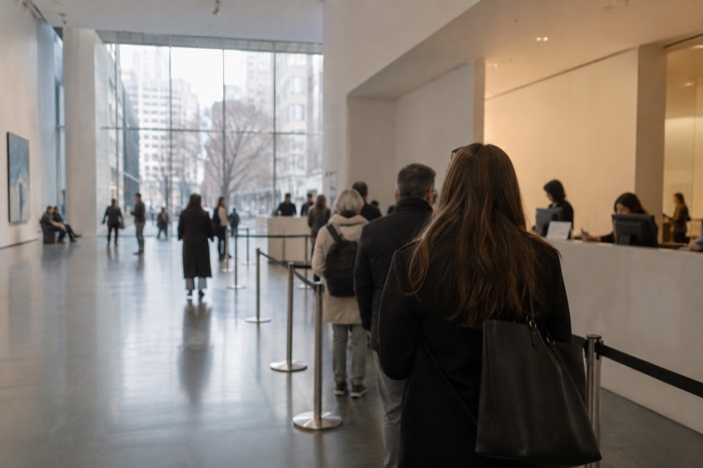 A museum ticket counter with a short line of visitors waiting in a bright lobby