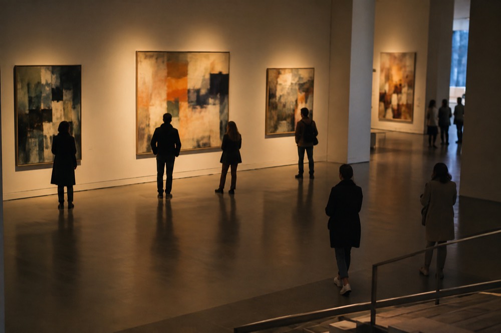 A museum gallery at dusk with visitors viewing paintings under warm lighting