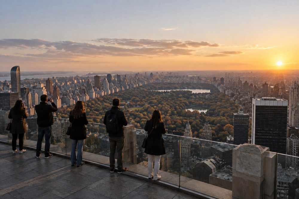 A view from an observation deck over Central Park and the Manhattan skyline at golden hour