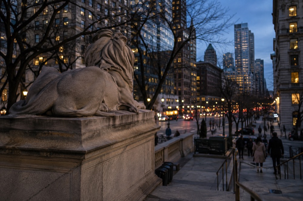 The stone lion statue at the entrance to the New York Public Library's main branch