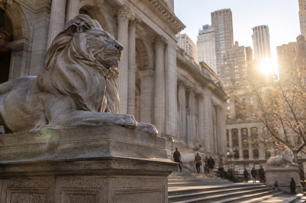 The New York Public Library facade lit in late afternoon light with the stone lions flanking the front steps