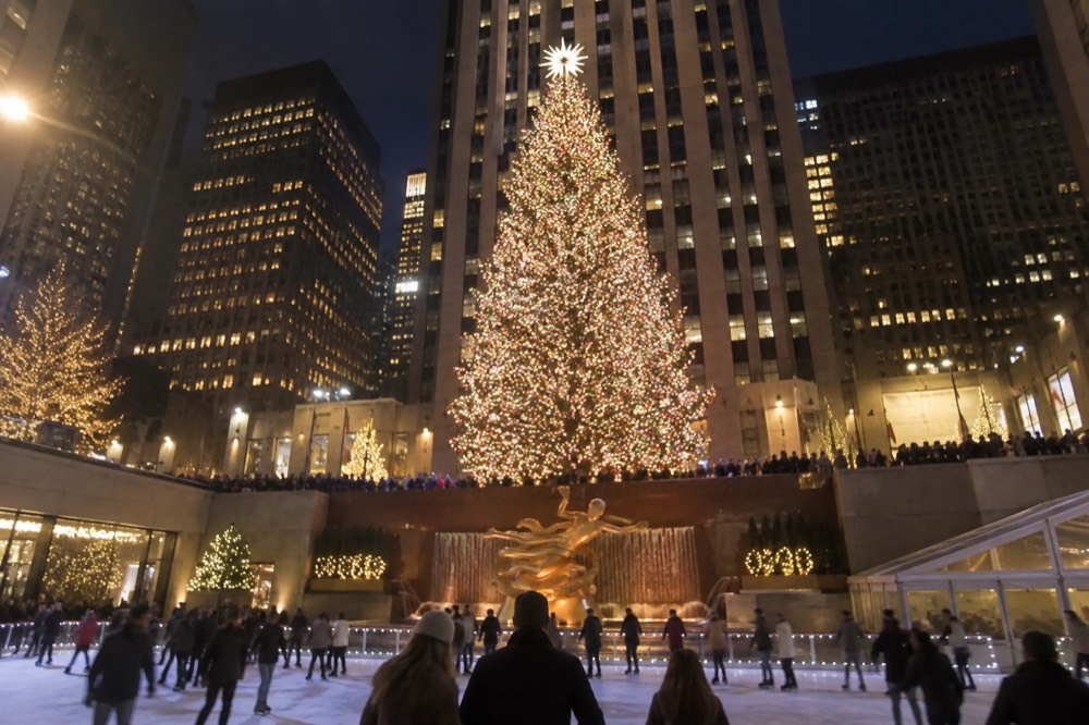 A large Christmas tree glowing above an ice rink surrounded by crowds at night
