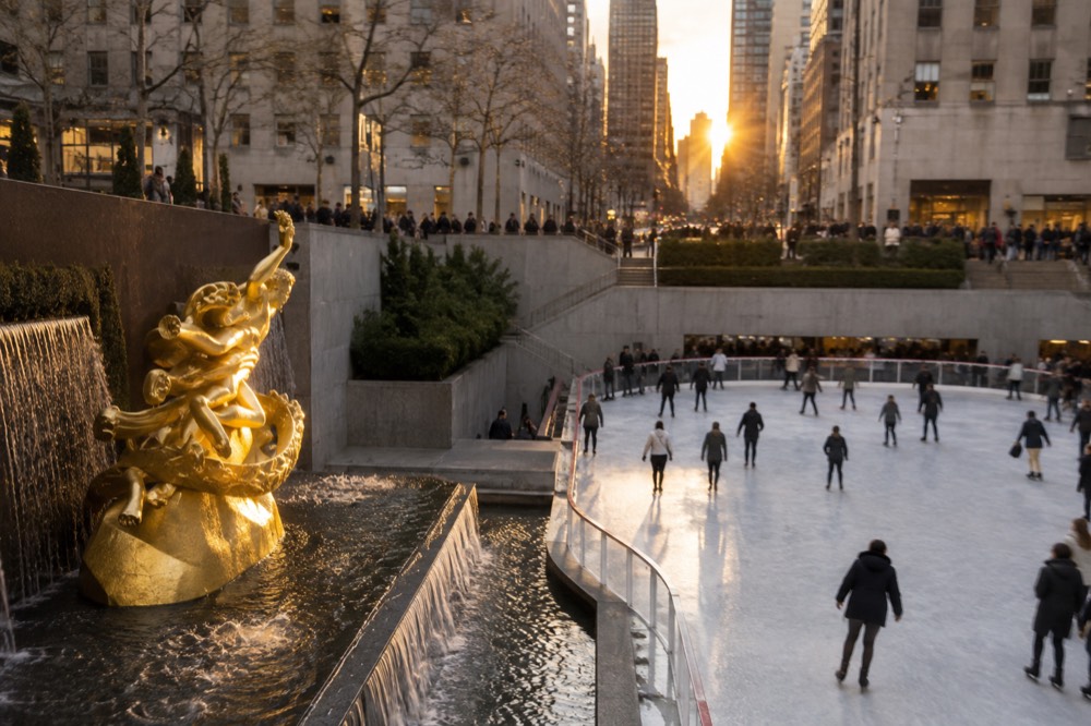The Prometheus statue and Lower Plaza at Rockefeller Center seen from above