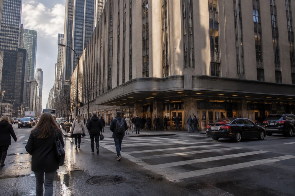 The Art Deco marquee and facade of Radio City Music Hall on 6th Avenue