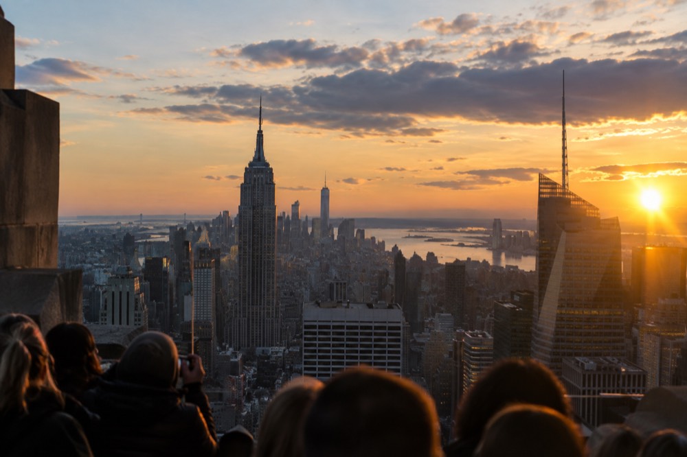 The Manhattan skyline seen at sunset from the open-air terraces of Top of the Rock