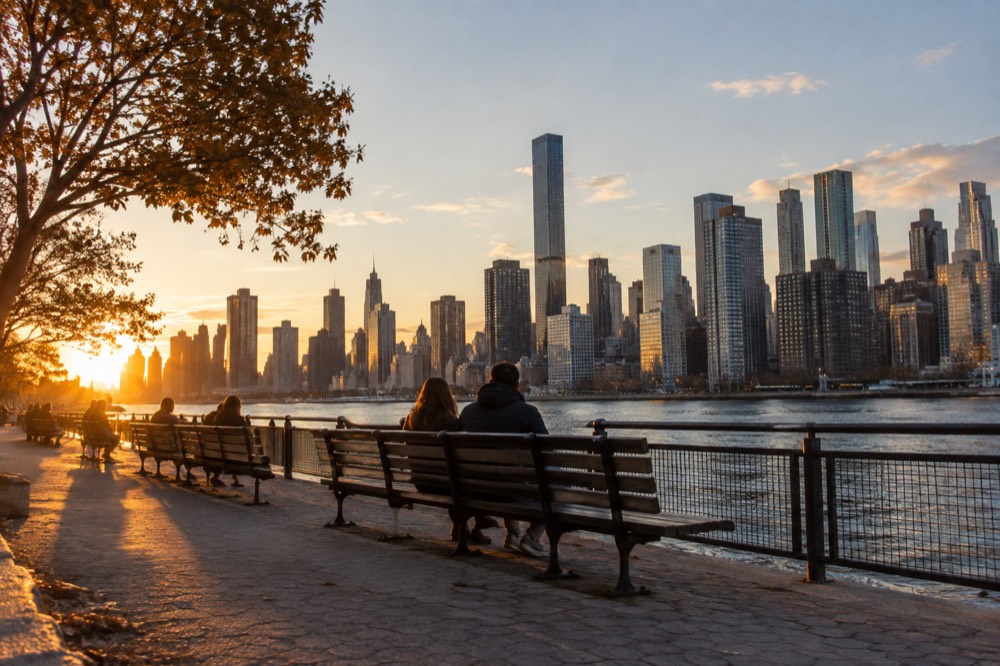The Roosevelt Island promenade with benches facing the Manhattan skyline across the East River