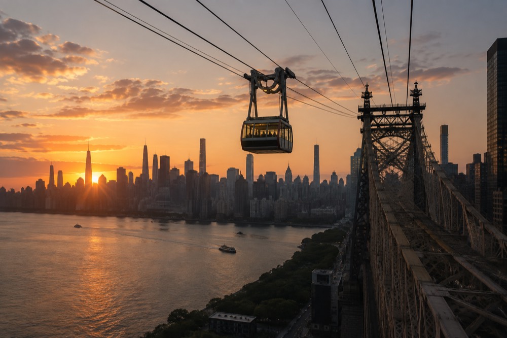 A tram cabin crossing the river at sunset with the Manhattan skyline silhouetted behind