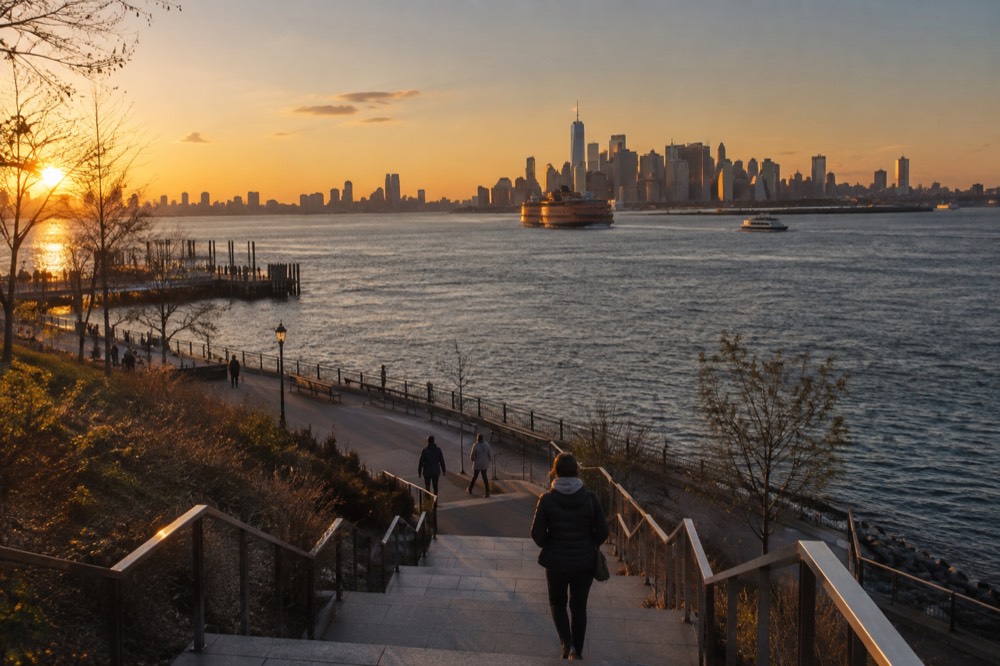 A waterfront promenade on Staten Island with the Manhattan skyline across the bay