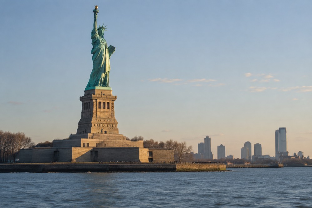 The Statue of Liberty holding her torch above Liberty Island on a clear day