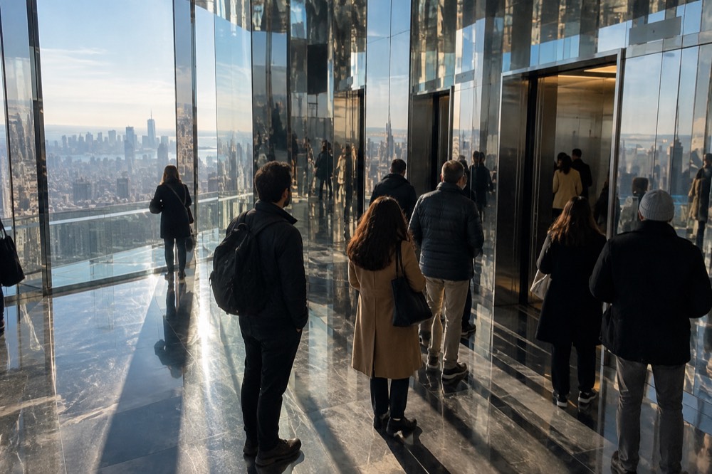 The glass and mirrored lobby of an observation deck attraction in Midtown Manhattan with visitors waiting for an elevator
