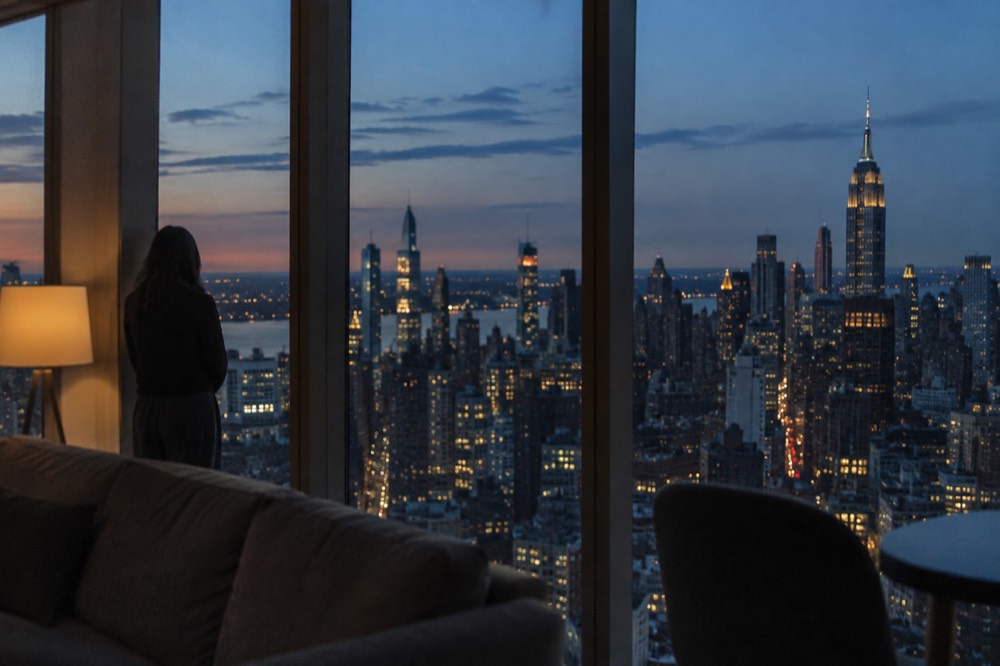 The Manhattan skyline at dusk seen through floor to ceiling glass with city lights beginning to switch on