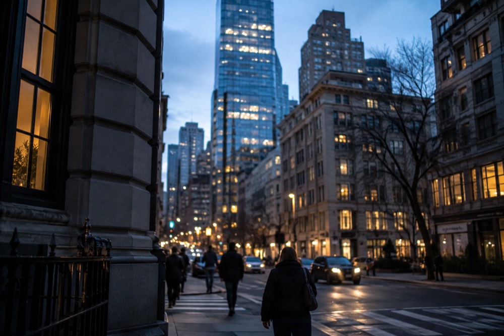 A quiet city street corner in Midtown Manhattan with a tall glass tower rising above older masonry buildings