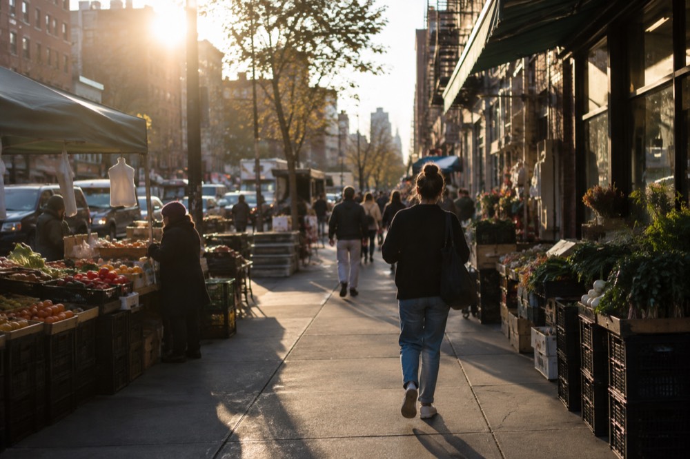 A busy sidewalk market street on the Lower East Side with produce stalls and awnings