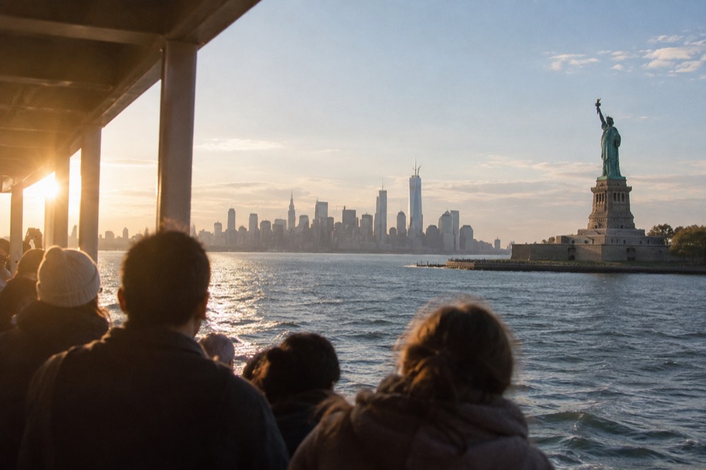 A ferry passing the Statue of Liberty in New York Harbor with the skyline behind