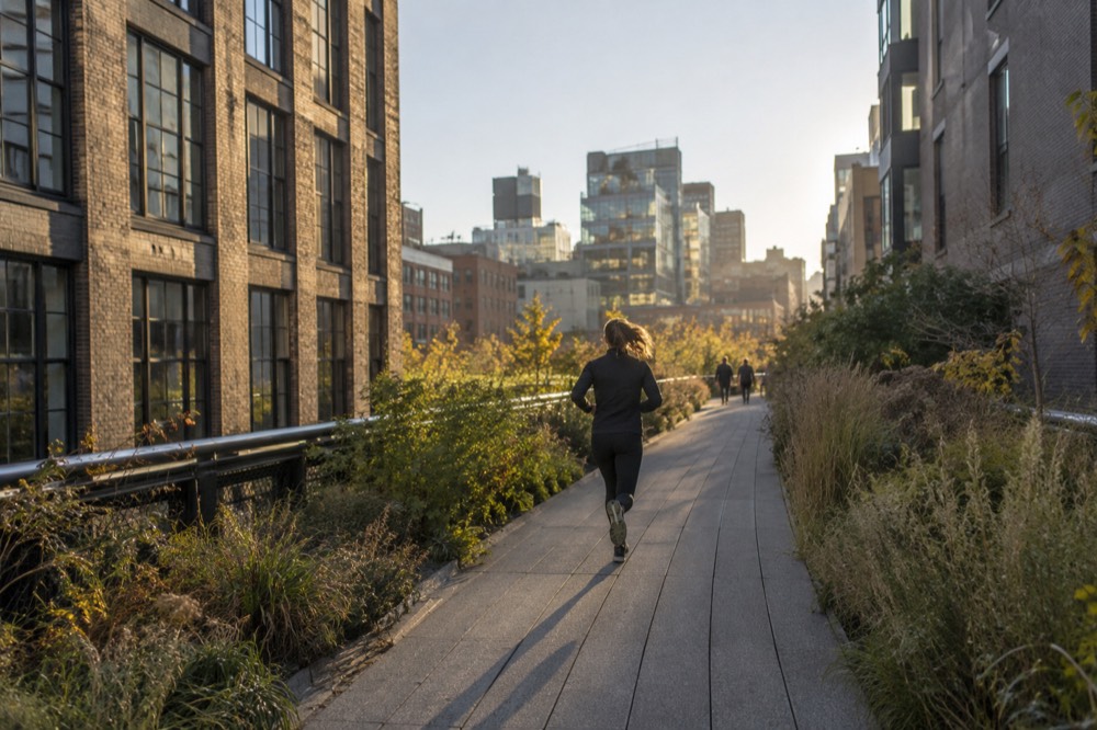 The High Line's narrow planted pathway curving between converted brick buildings in Chelsea
