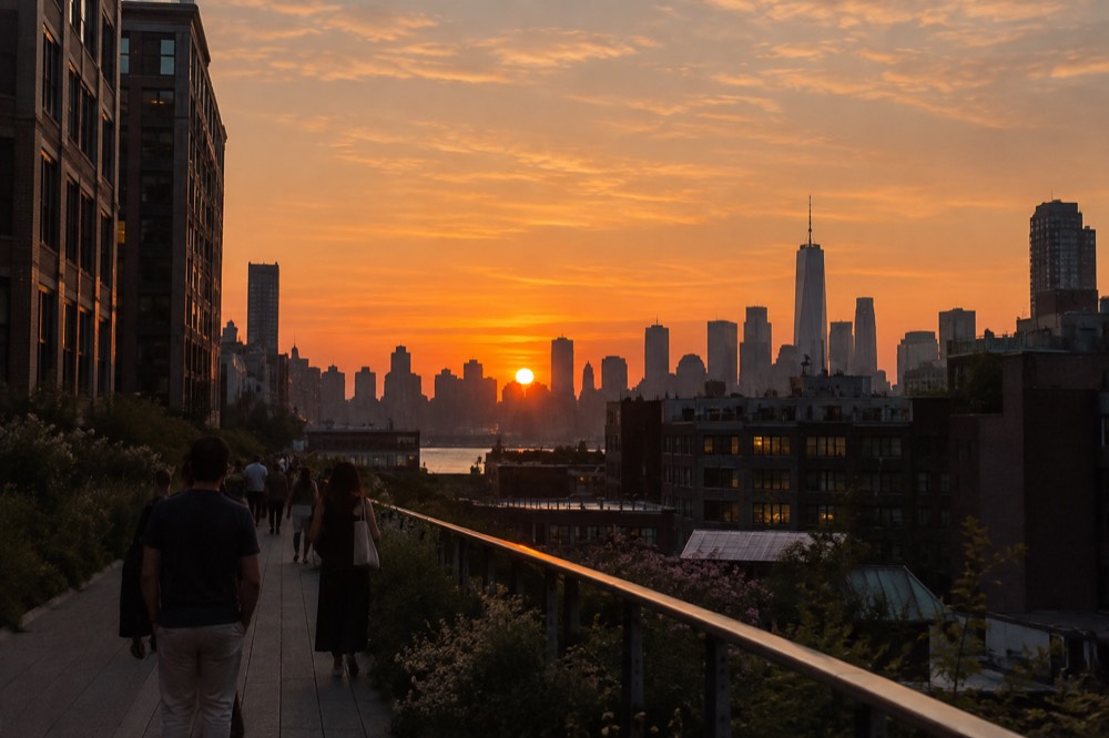 The High Line at sunset with the Manhattan skyline silhouetted against an orange sky