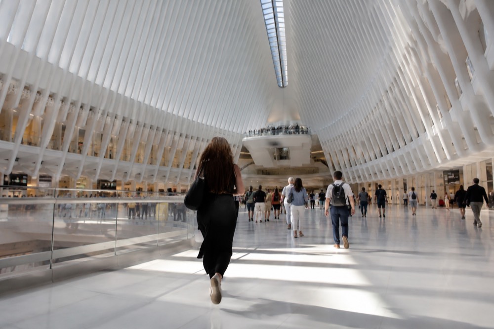 The white ribbed steel structure of The Oculus at the World Trade Center on a bright day