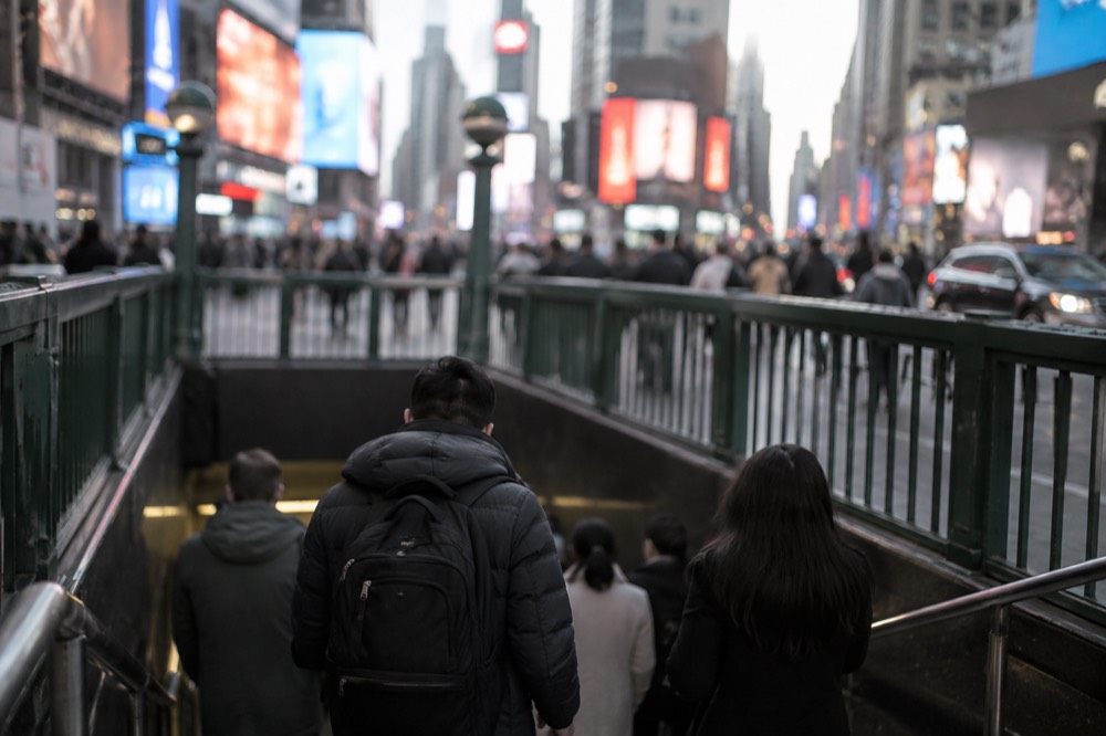 Subway entrance at Times Square with a crowd descending the stairs